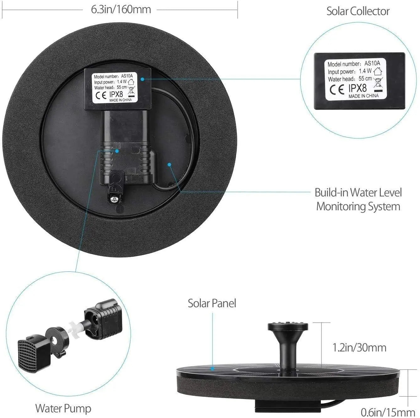 Fountain Solar Power Floating Water Pump for Pool Pond Garden and Patio Plants Round 7V 1.4W (Black) r3fvcs-m6